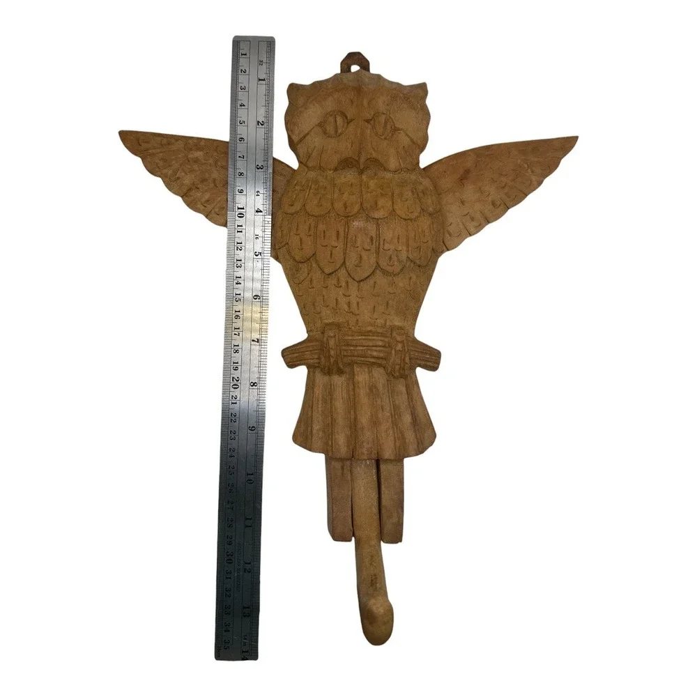 Vintage Hand Carved Wood Owl Wall Hook Articulated Flapping Moving Wings 14